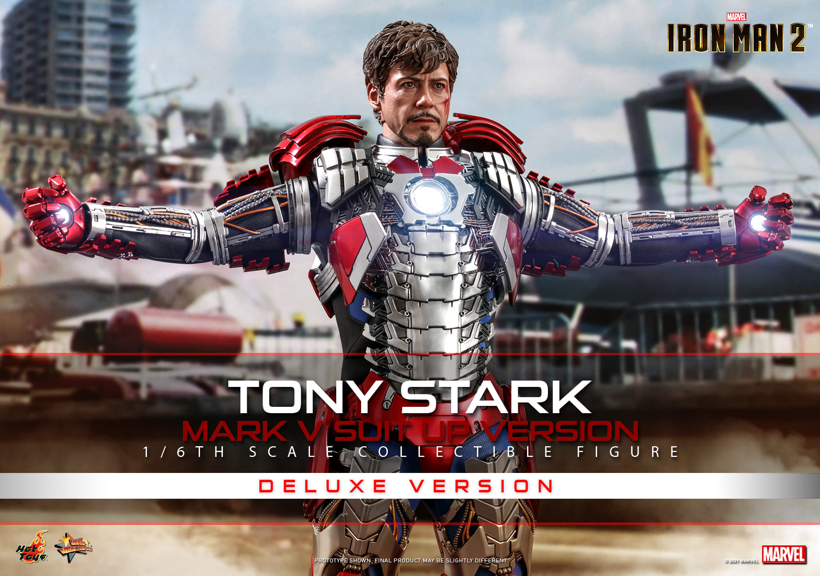Hot Toys Marvel Iron Man 2 Tony Stark Mark V Suit Up Deluxe Figure MMS600